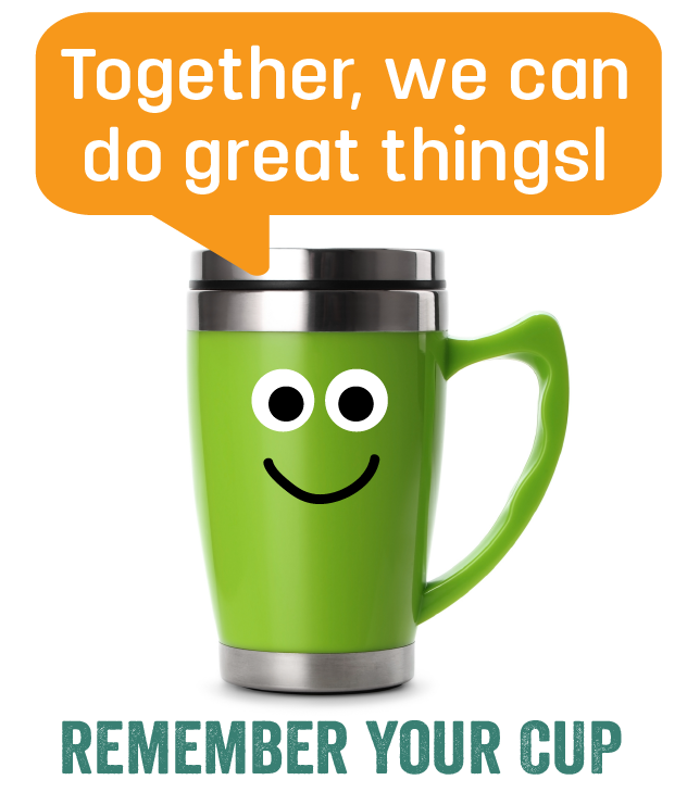 Reusable coffee mug saying "Together, we can do great things!"