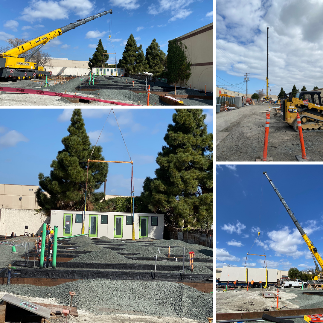 Collage of photos of the interim homeless housing site construction