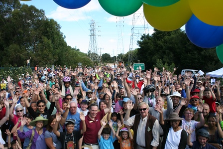 Crowd celebrating outdoors with balloons